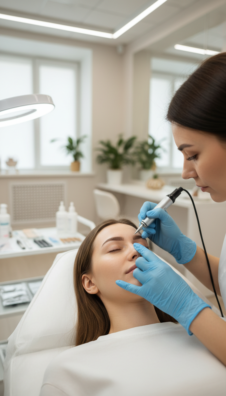 Kundin während einer Powder Brows Permanent Make up Behandlung bei HD Esthetic in Düsseldorf mit präziser Pigmentierung der Augenbrauen.