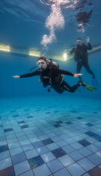 Tauchschüler beim Training im Tauchcenter Wuppertal – Unterwasseraufnahme mit vollständiger Ausrüstung und Tauchlehrer im Hintergrund