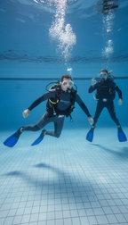 Zwei Personen beim Tauchtraining im Tauchcenter Wuppertal – mit kompletter Ausrüstung und blauen Flossen unter Wasser im Schwimmbecken