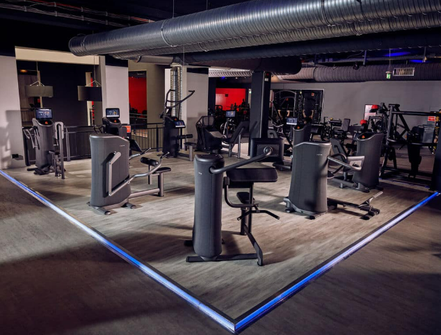 Moderner Trainingsbereich mit Kraftgeräten, atmosphärischer Beleuchtung und stilvollem Ambiente im Clever Fit Wiesbaden