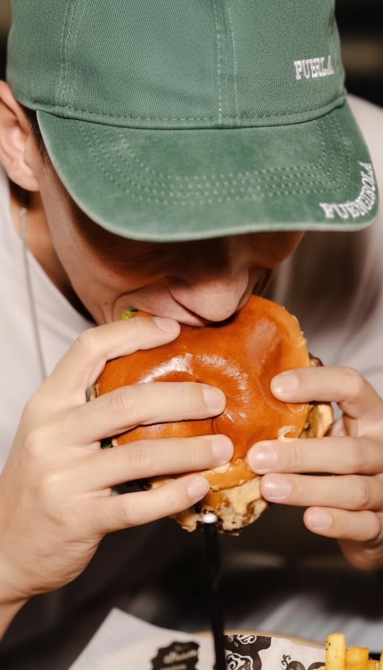Person beißt genussvoll in einen saftigen Burger bei The Burgerz in Oberhausen und zeigt authentischen Streetfood Genuss.