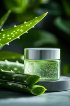 Kosmetikgel mit Aloe Vera in einem transparenten Tiegel mit silbernem Deckel, platziert zwischen frischen Aloe-Blättern in grünem Naturambiente