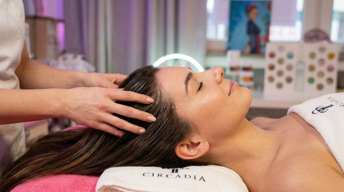 Frau erhält eine entspannende Head Spa Haarbehandlung bei AI Beauty in Düsseldorf