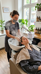 Frau erhält eine Head Spa Kopfhautmassage mit Dampf im Salon Ilamore in Leverkusen