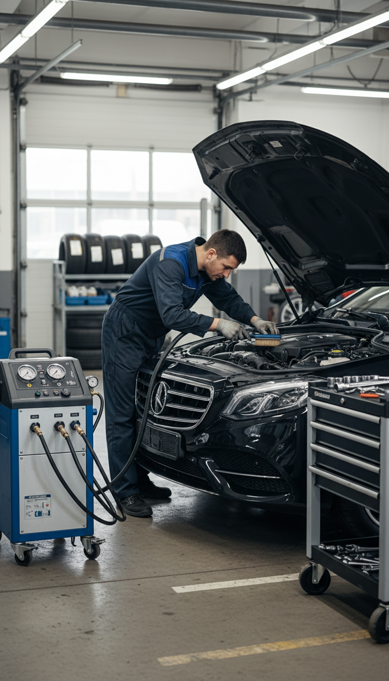 Mechaniker befüllt die Klimaanlage eines Autos bei DKG Fahrzeugtechnik in Dortmund