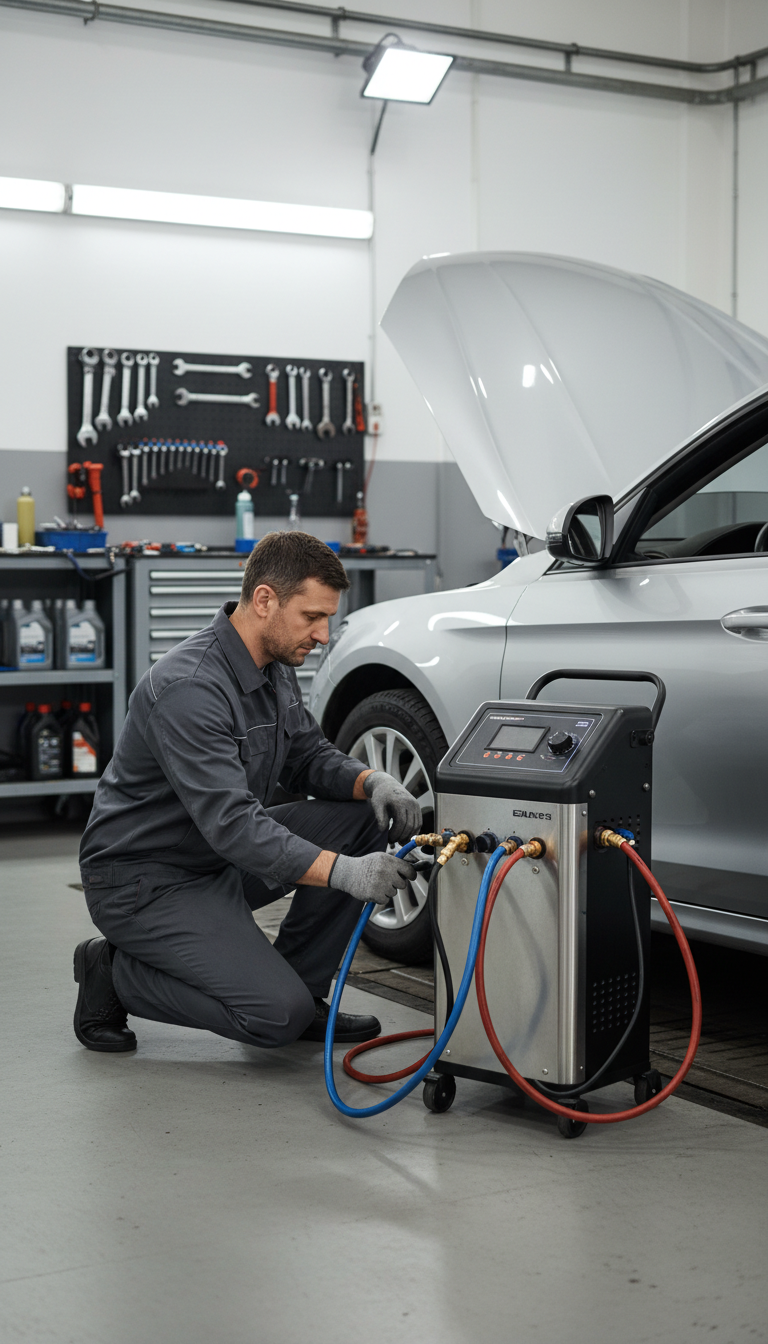 Mechaniker stellt ein Klimaanlagen Servicegerät bei DKG Fahrzeugtechnik in Dortmund ein
