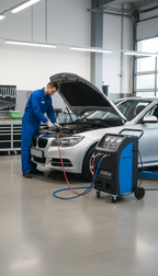 Mechaniker führt eine Klimaanlagenwartung am Auto bei DKG Fahrzeugtechnik in Dortmund durch