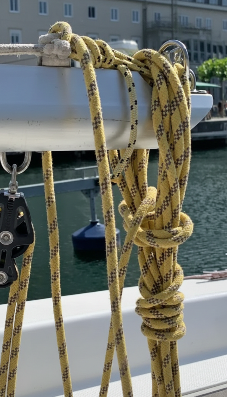 Seile an einem Segelboot beim Schnuppersegeln am Phoenixsee