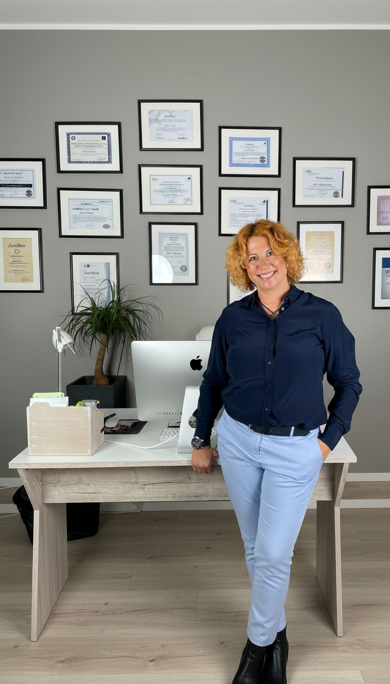 Coach steht im Büro vor Zertifikaten bei RO Coaching in München