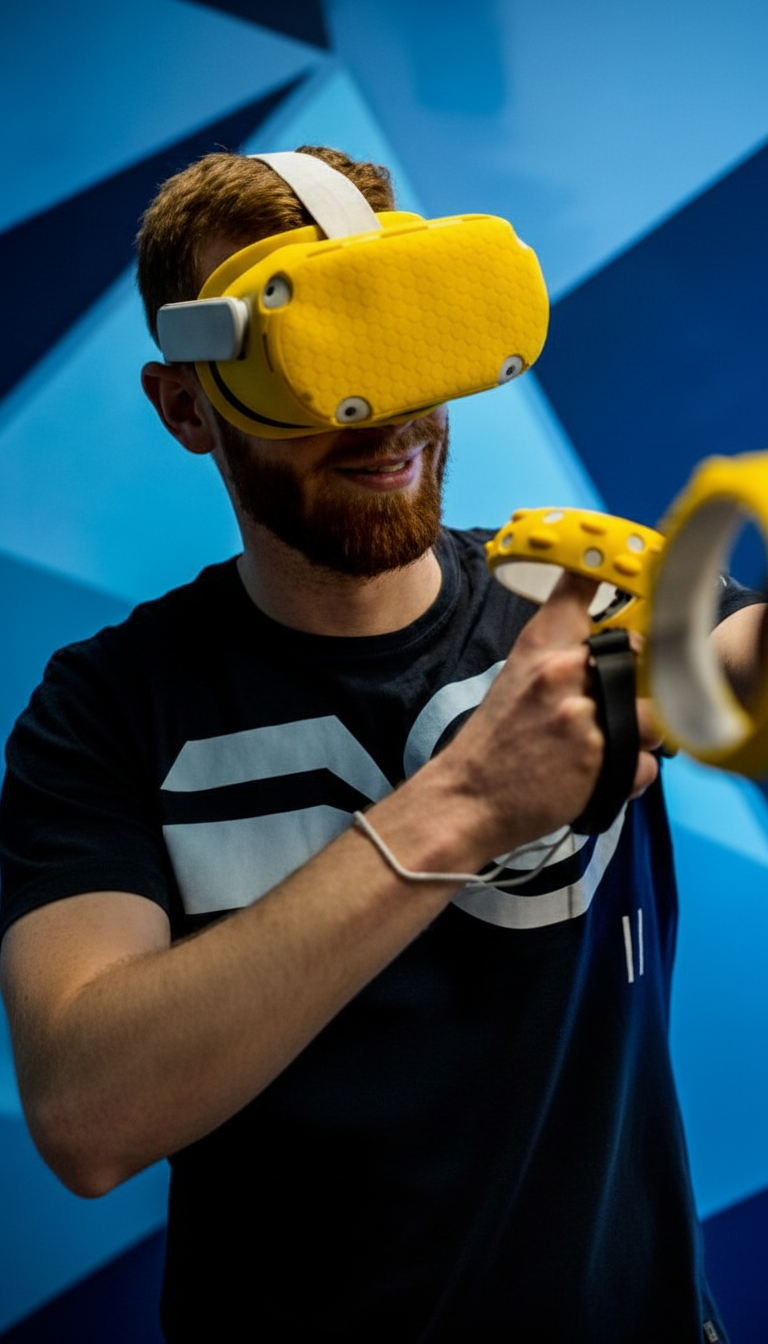 Mann spielt ein VR Escape Game mit Headset im VAONS VR Event Center in München