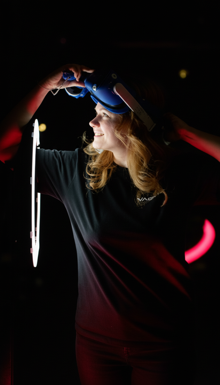 Frau setzt eine VR Brille bei einem Escape Game im VAONS VR Event Center in München auf