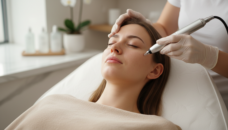 Frau erhält eine Microneedling Gesichtsbehandlung bei Beyoutyqueen in Usingen