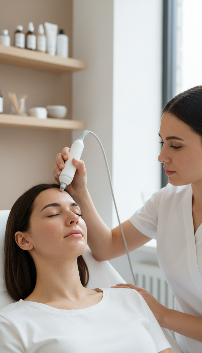 Frau erhält eine Microneedling Anwendung im Gesicht bei Beyoutyqueen in Usingen