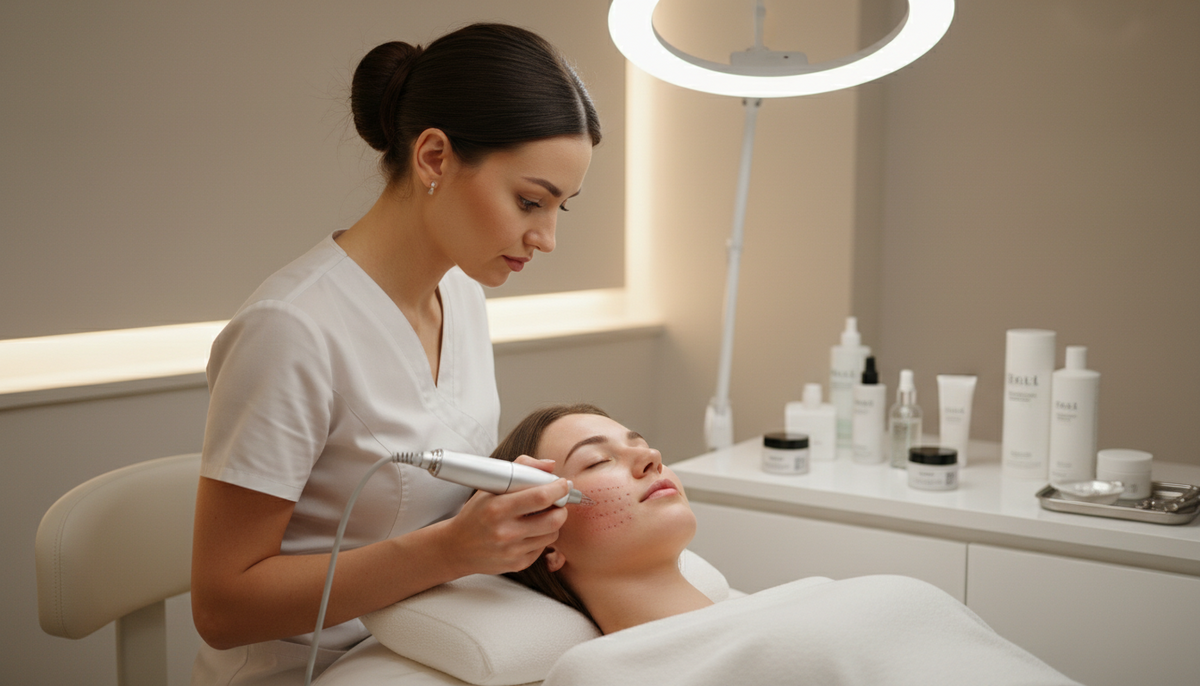 Frau erhält eine Microneedling Gesichtsbehandlung bei Gerhard Aesthetics in Germering