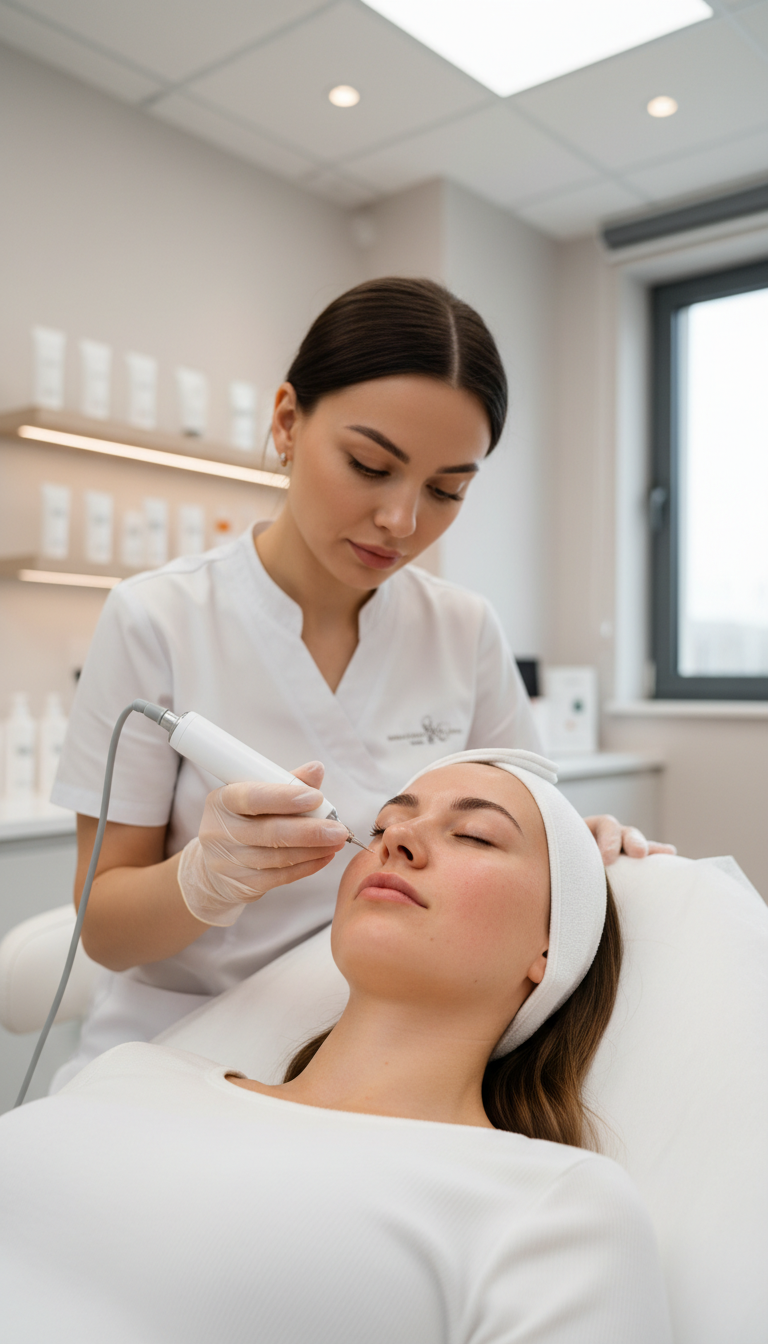 Frau erhält eine Microneedling Gesichtsbehandlung bei Gerhard Aesthetics in Germering