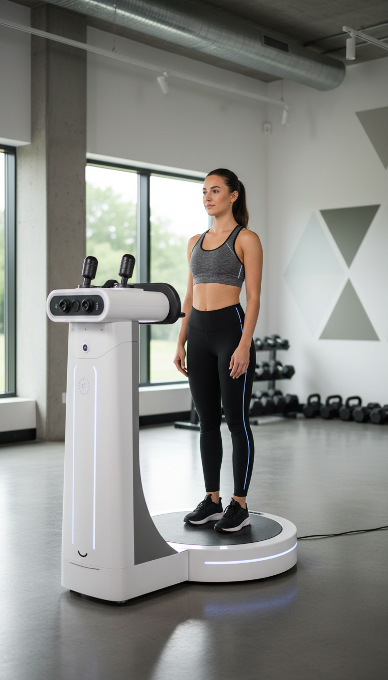 Frau steht auf einem Bodyscan Gerät bei Just Cryo in Essen
