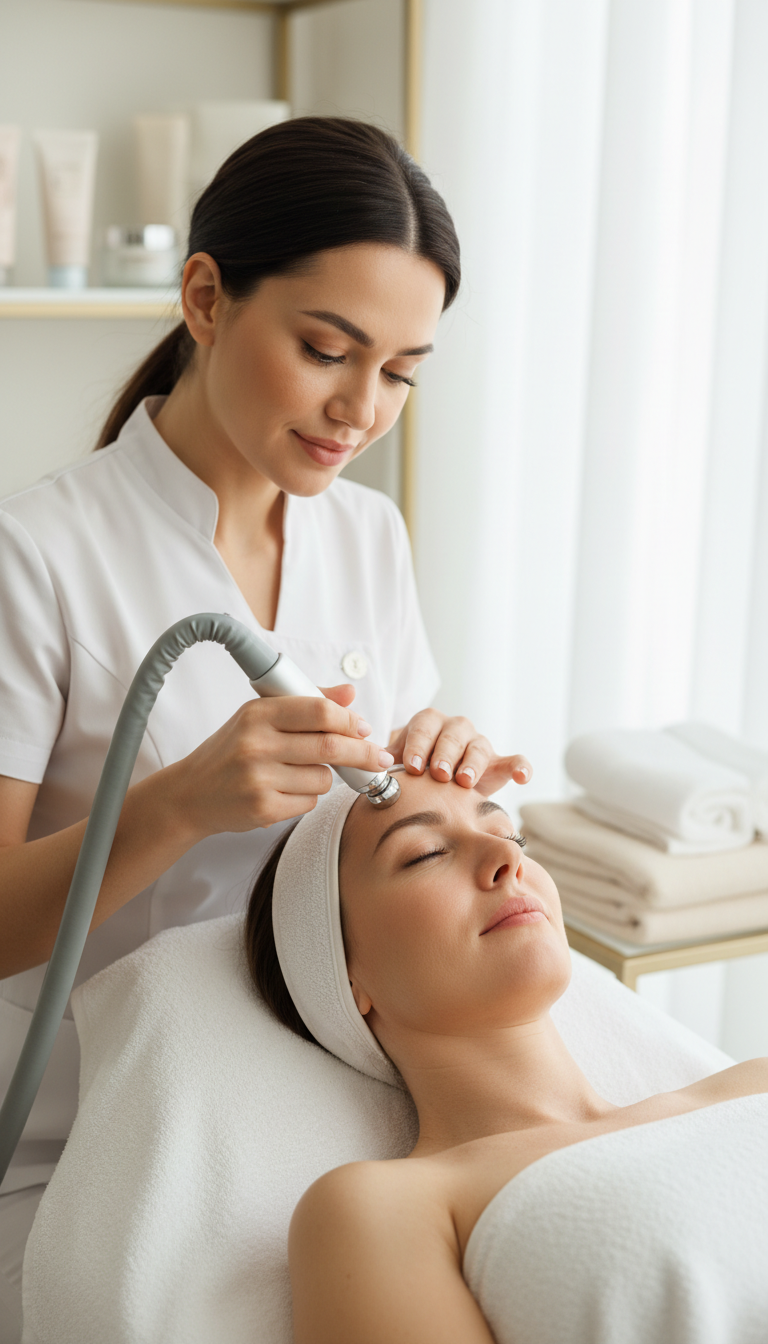 Frau erhält eine Microdermabrasion Gesichtsbehandlung bei Shirea Kosmetik in München