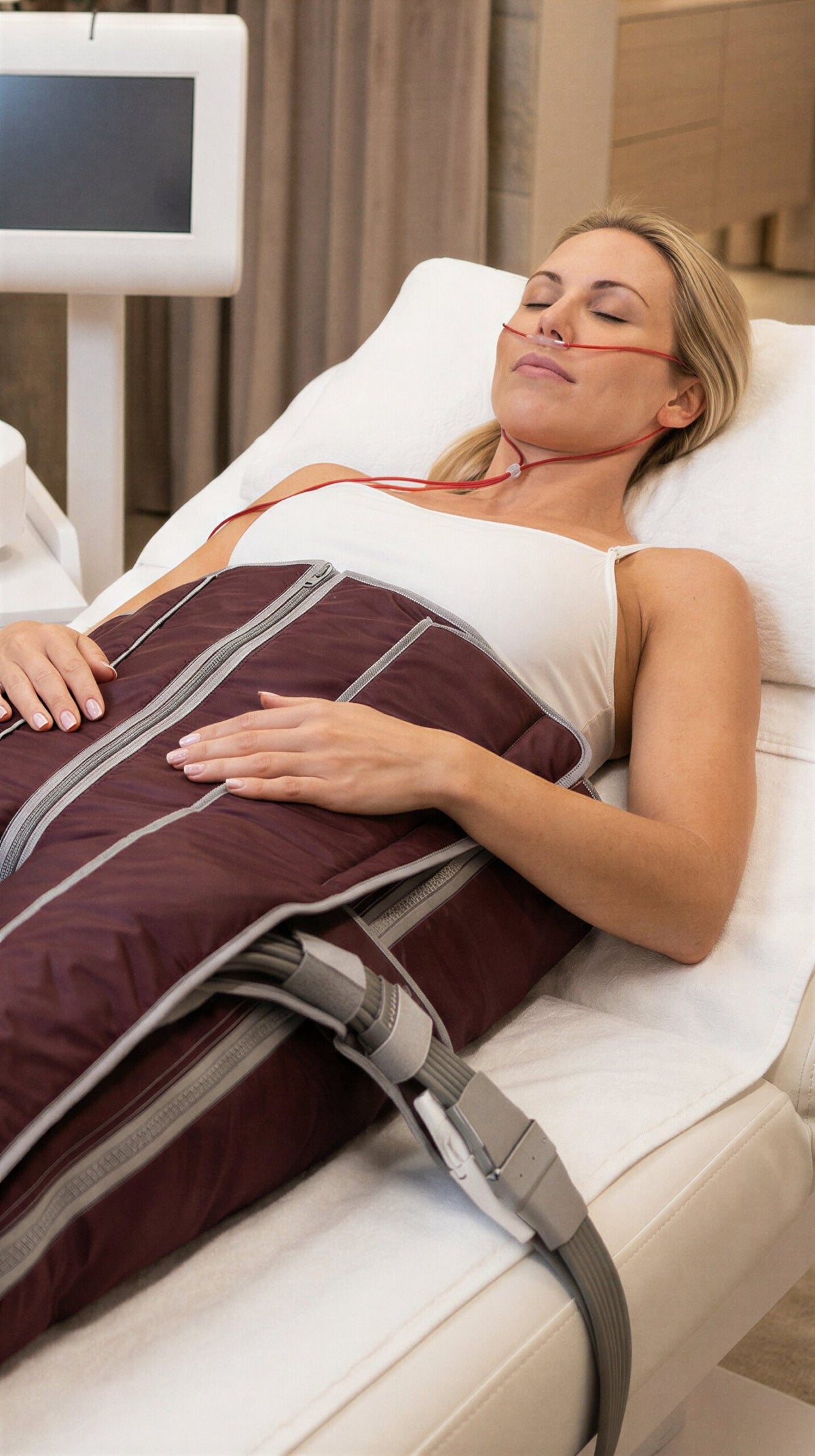 Frau bei einer Lymphdrainage Behandlung im speziellen Anzug bei Shirea Kosmetik in München