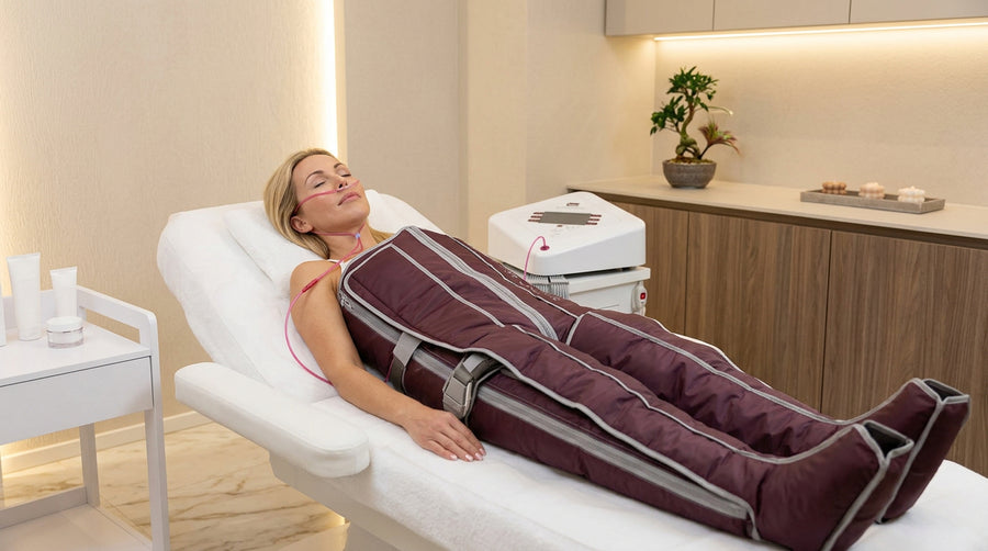 Frau liegt entspannt in einem Lymphdrainage Anzug bei Shirea Kosmetik in München