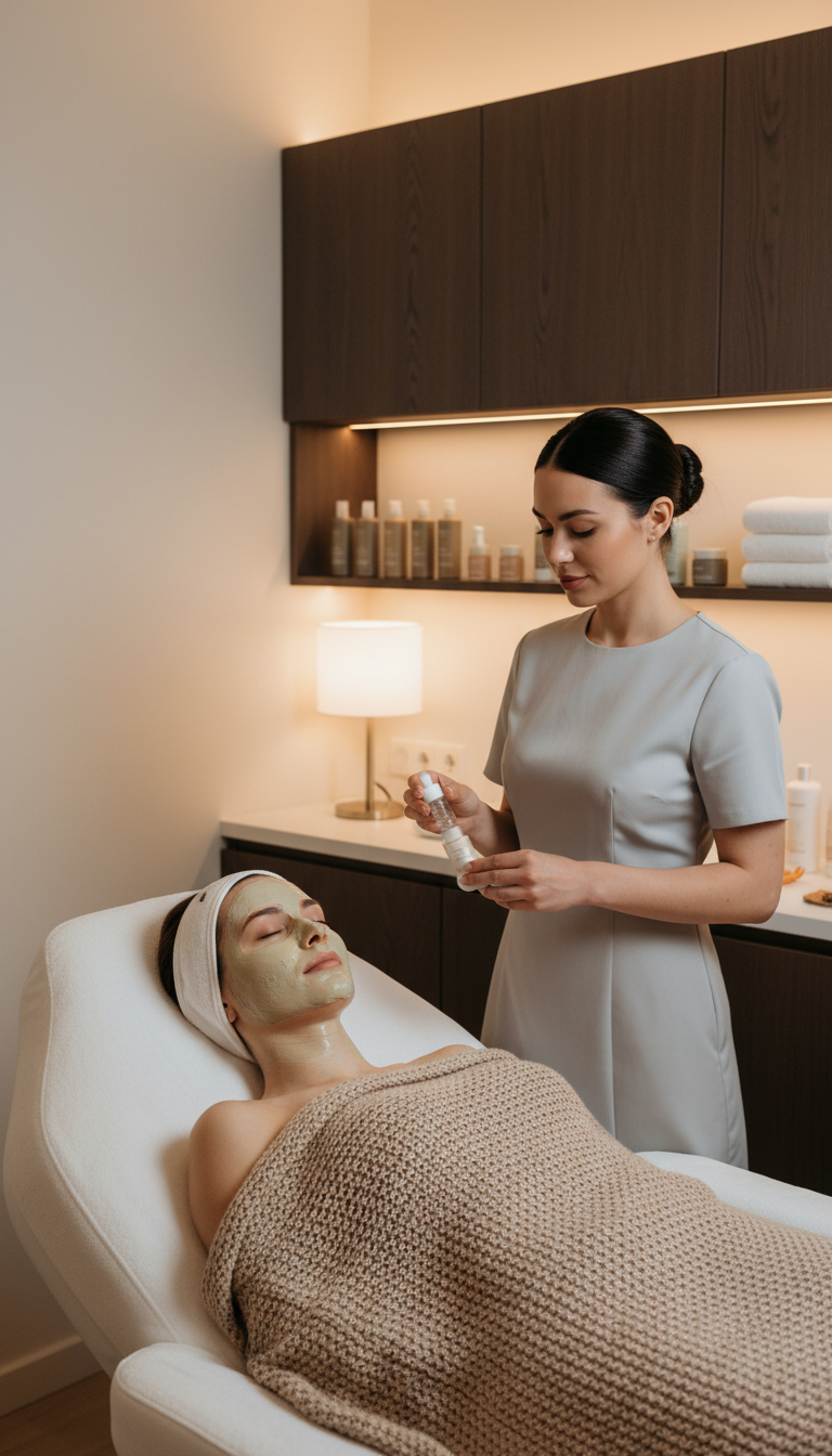 Frau erhält eine Gesichtsmaske während einer klassischen Gesichtsbehandlung im Jade Institut Düsseldorf