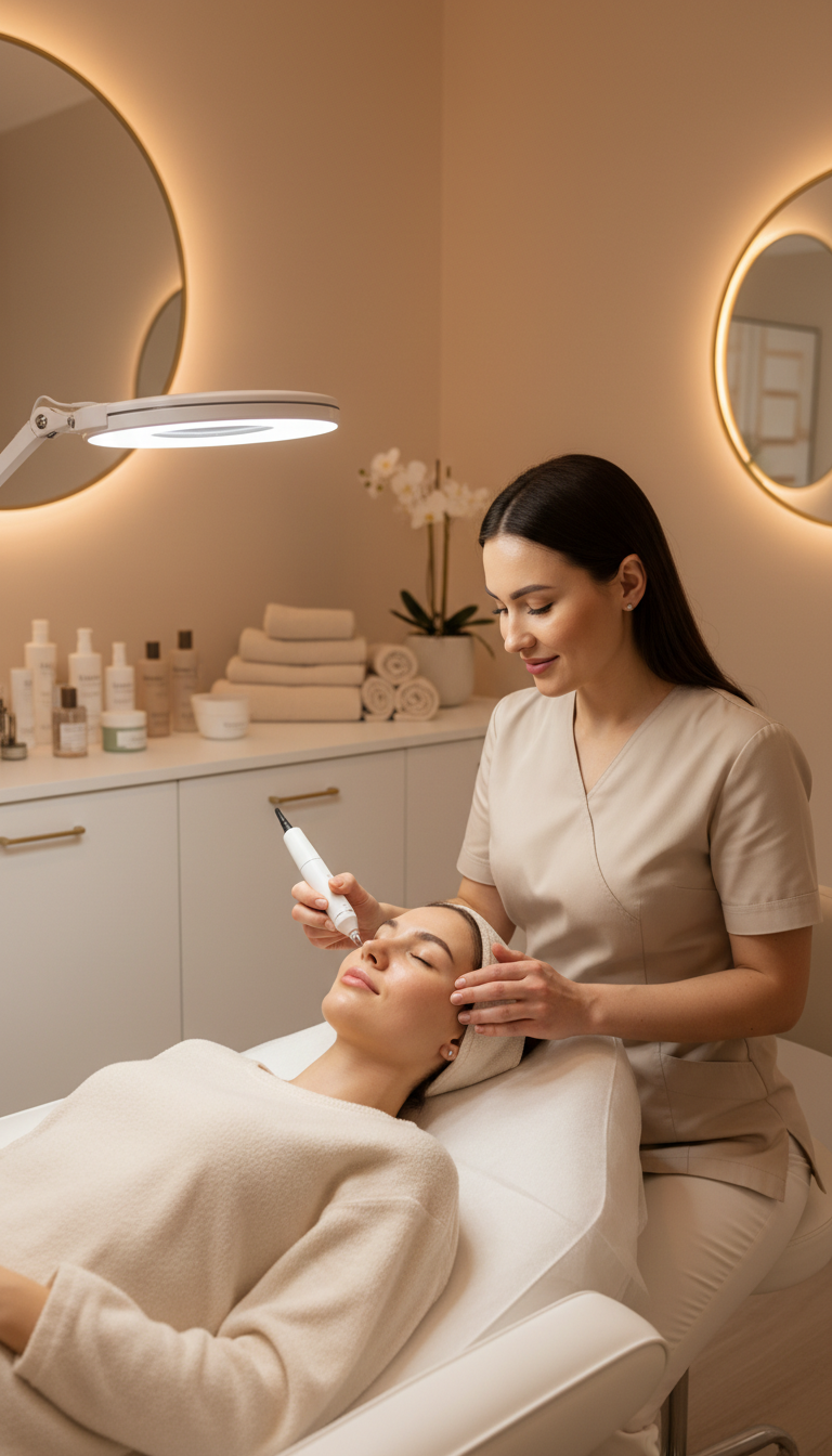 Frau erhält eine Microneedling Gesichtsbehandlung im Jade Institut in Düsseldorf