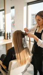 Friseurin färbt Strähnchen mit Glossing bei einer Kundin im Salon Hamad Hair Cut in Dortmund
