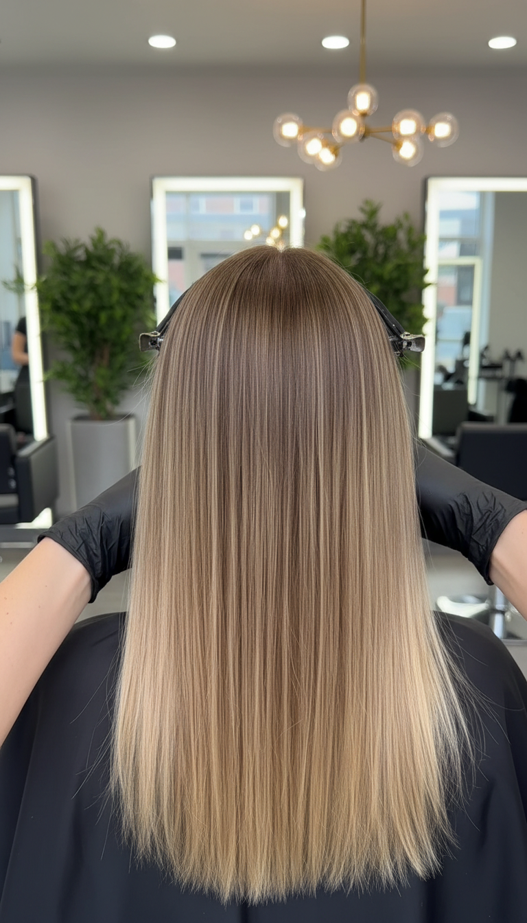 Glattes blondes Haar mit Strähnchen und Glossing Ergebnis im Salon Hamad Hair Cut in Dortmund