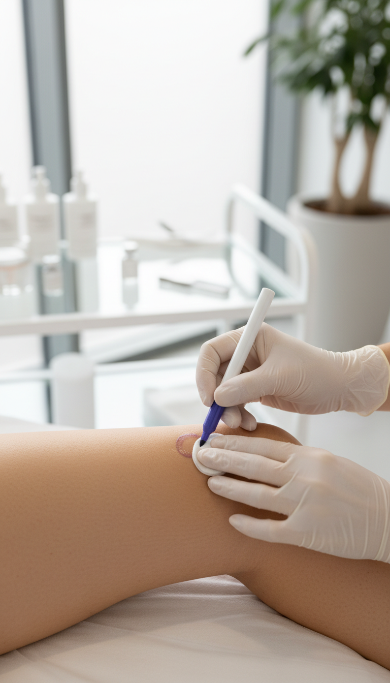 Frau erhält eine Injektionslipolyse Behandlung am Knie bei Proface Aesthetics in Oberhausen