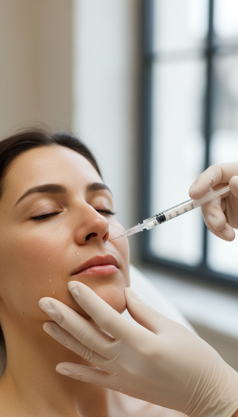 Frau erhält eine Vampire Lifting Anwendung im Gesicht bei Proface Aesthetics in Oberhausen