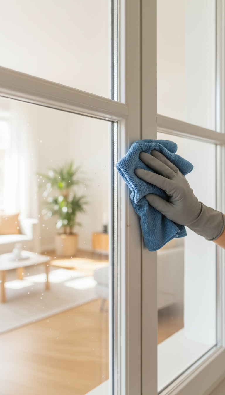 Nahaufnahme einer Fensterreinigung mit Tuch von RS Hausmeisterservice und Objektpflege in Troisdorf