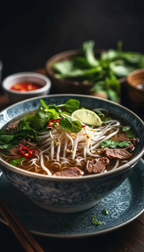 Pho Suppe mit frischen Kräutern und Beilagen bei Scarmangas in Düsseldorf
