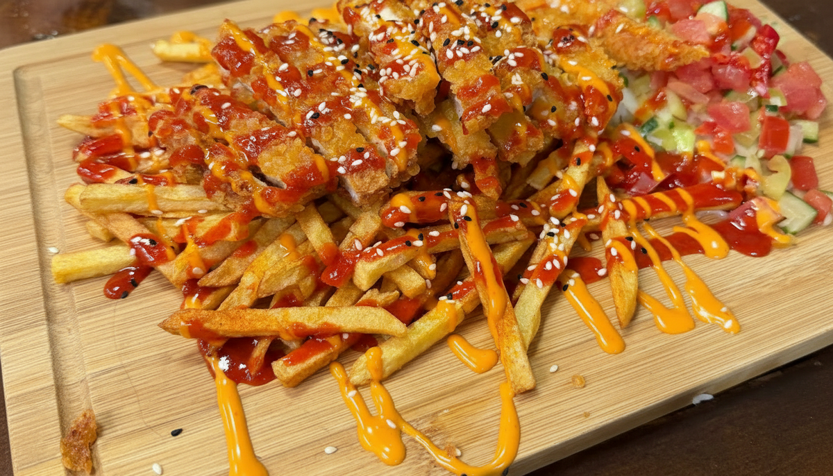 Pommesbox mit Toppings und Sauce im Ayra Haus der Helden in Düsseldorf