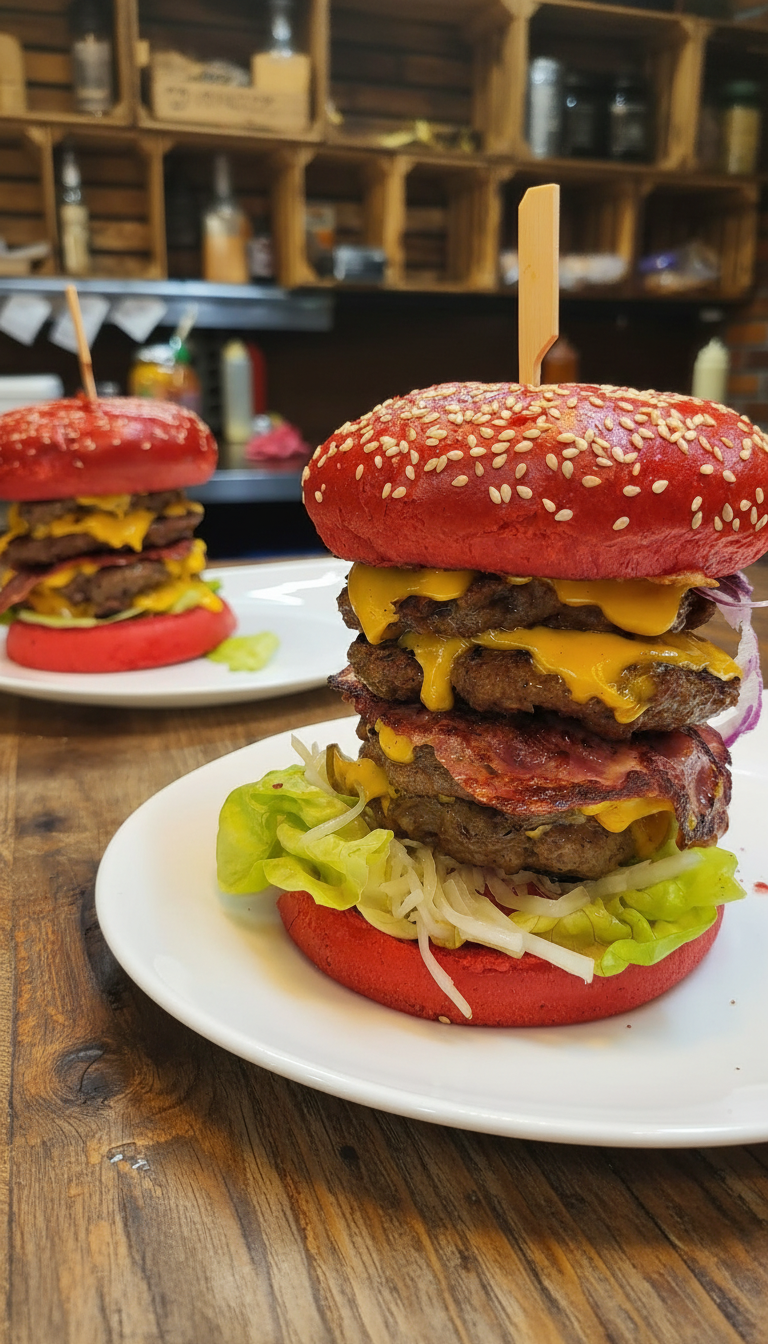 Burger mit roten Buns und mehreren Patties im Ayra Haus der Helden in Düsseldorf
