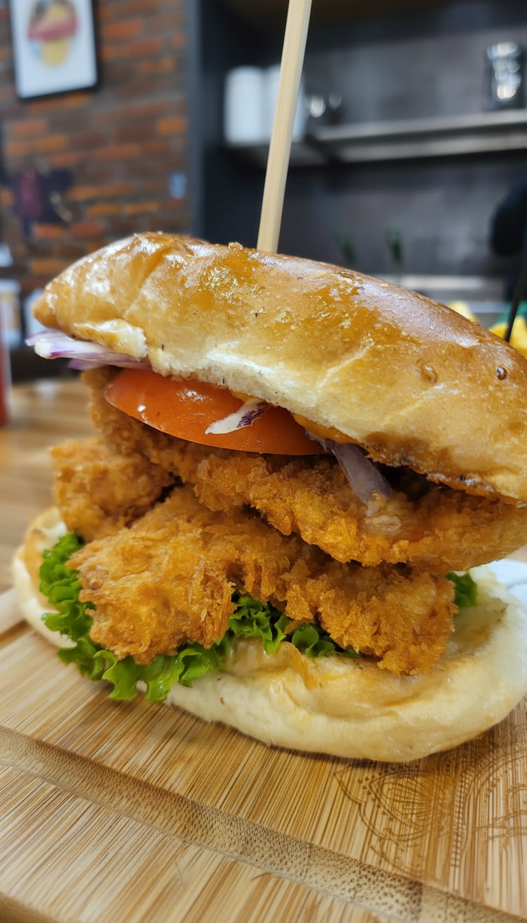 Chicken Burger mit knusprigem Hähnchen im Ayra Haus der Helden in Düsseldorf
