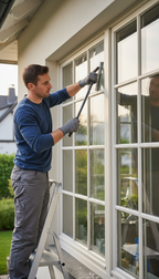 Mann reinigt Fenster mit Abzieher bei einem Kunden in Duisburg