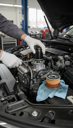 Mechaniker wechselt den Ölfilter bei einem Auto im BHM Autoservice in Duisburg