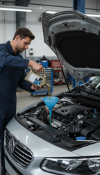 Mechaniker füllt neues Motoröl in ein Auto bei BHM Autoservice in Duisburg nach