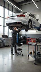 Mechaniker lässt altes Öl unter einem angehobenen Auto bei BHM Autoservice in Duisburg ab