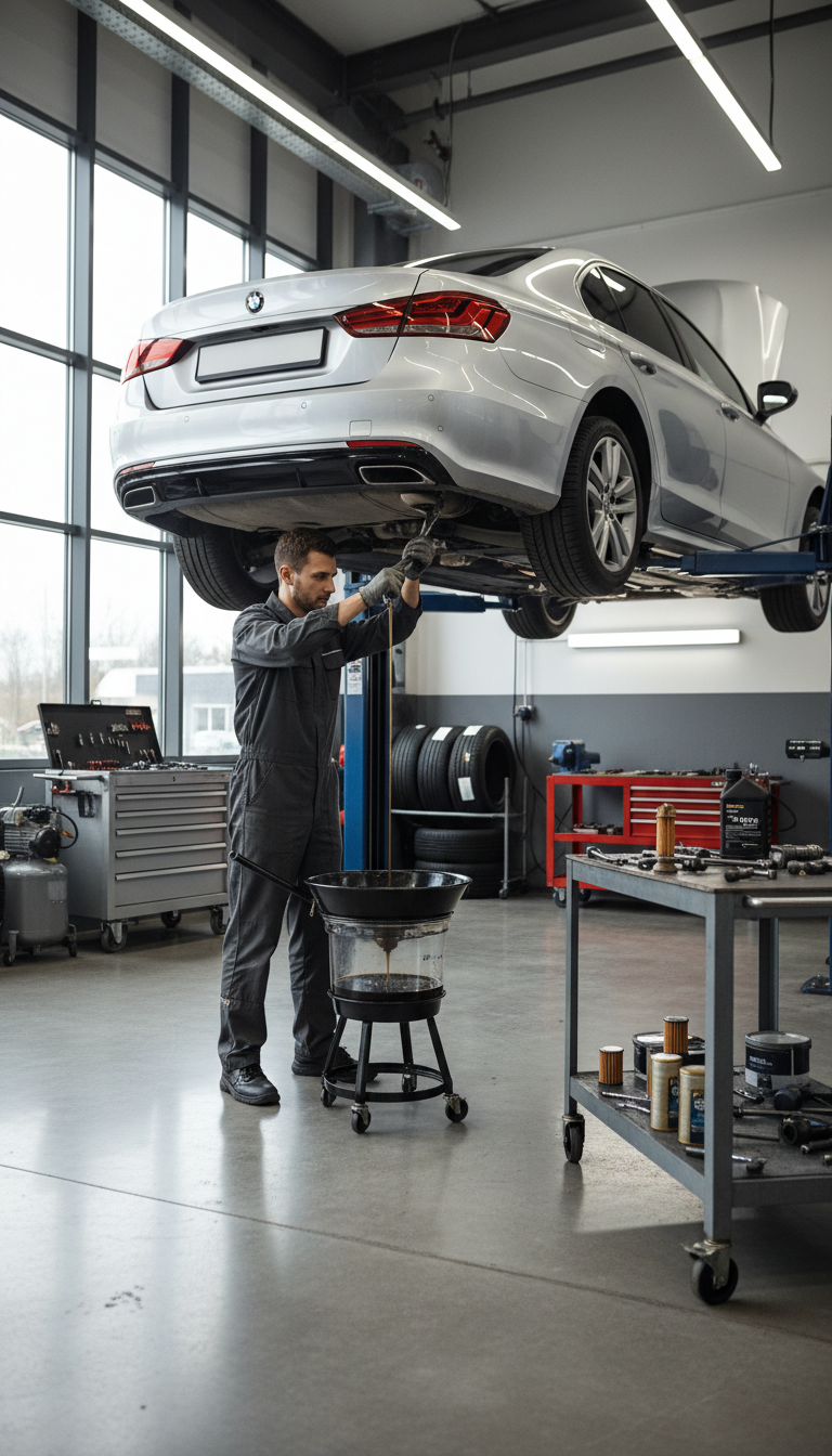Mechaniker lässt altes Öl unter einem angehobenen Auto bei BHM Autoservice in Duisburg ab