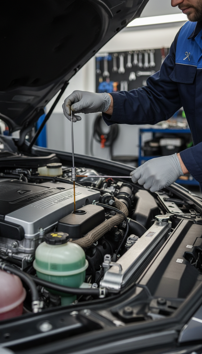Mechaniker prüft den Motor nach dem Ölwechsel bei BHM Autoservice in Duisburg