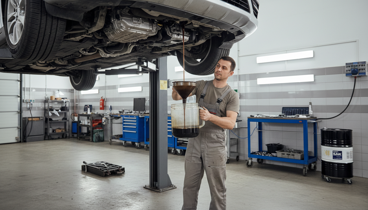 Mechaniker führt einen Ölwechsel an einem angehobenen Auto bei BHM Autoservice in Duisburg durch