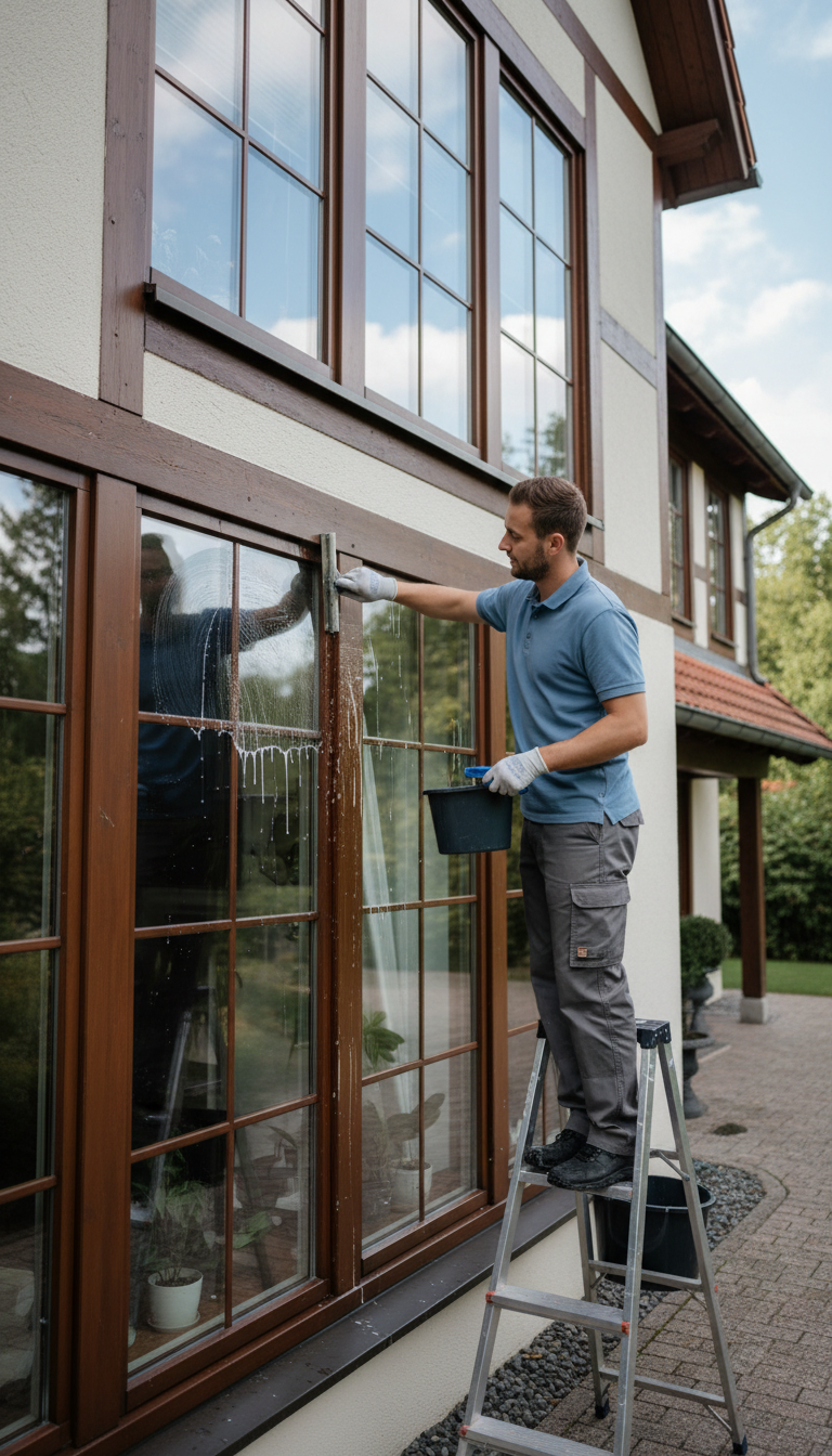 Mann reinigt Fenster außen mit Tuch bei Easyfresh by John in Siegburg