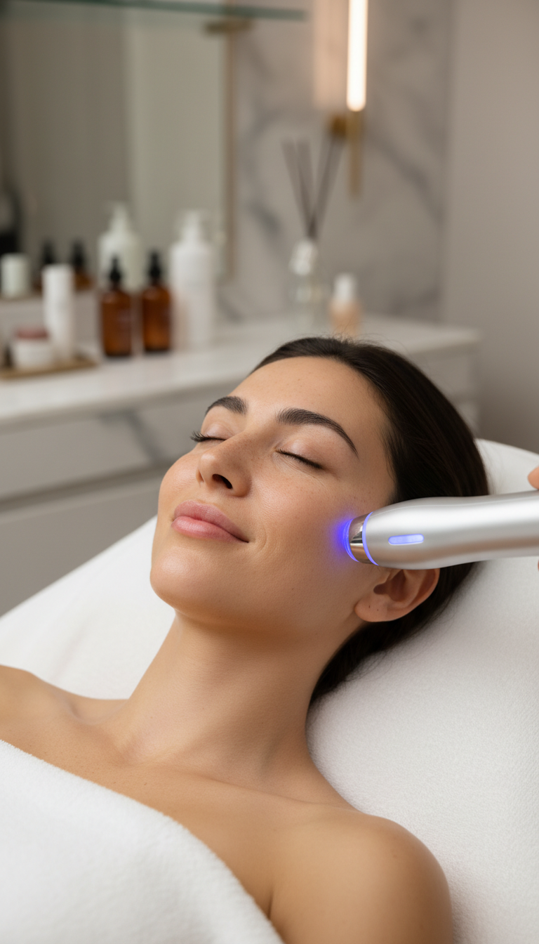 Frau erhält eine RF Microneedling Behandlung im Gesicht im Studio Disi Laser und Beauty in München