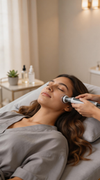 Frau erhält eine Hydrafacial Gesichtsbehandlung mit Serum im Hakuen Headspa in Mülheim
