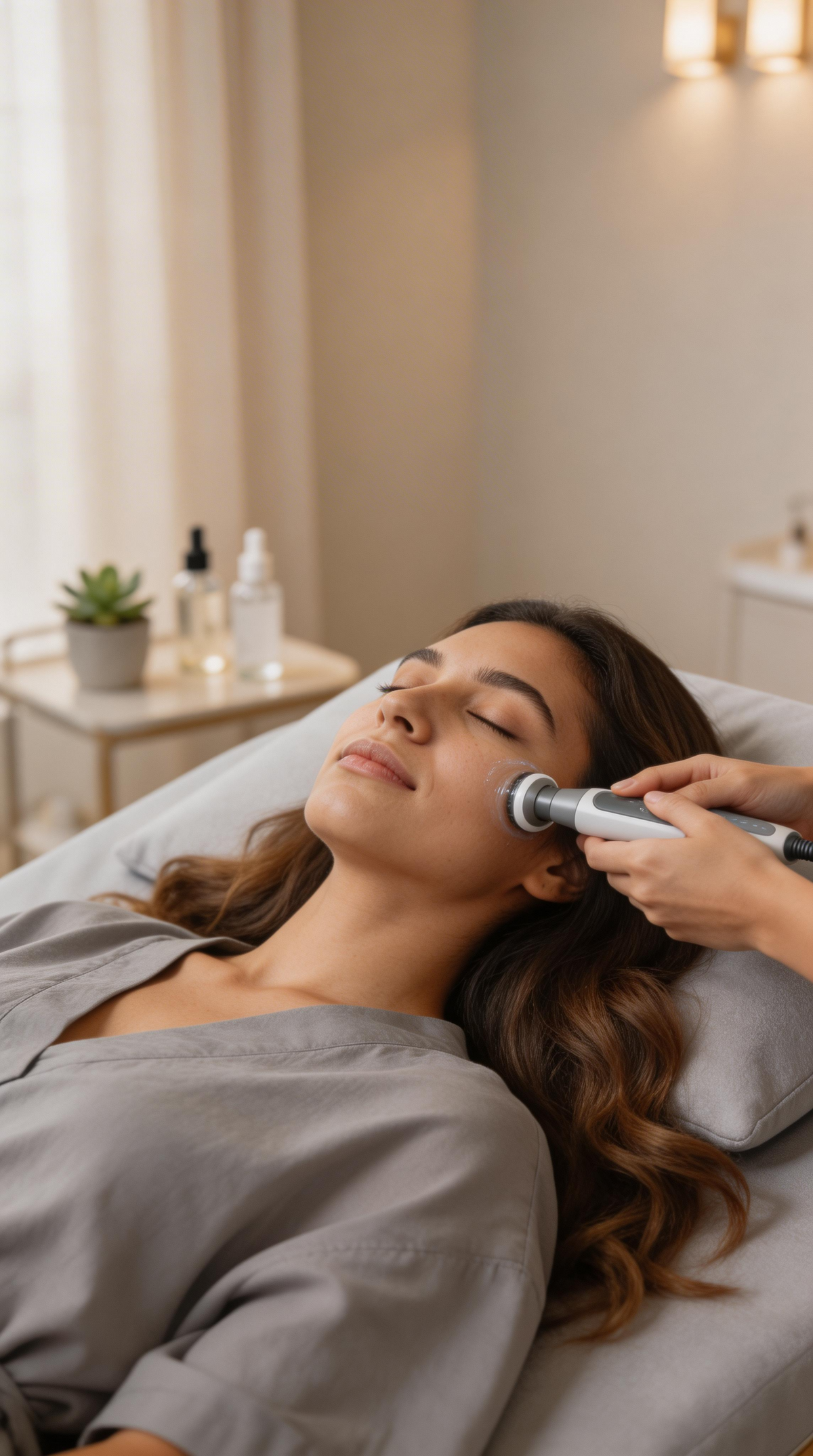 Frau erhält eine Hydrafacial Gesichtsbehandlung mit Serum im Hakuen Headspa in Mülheim
