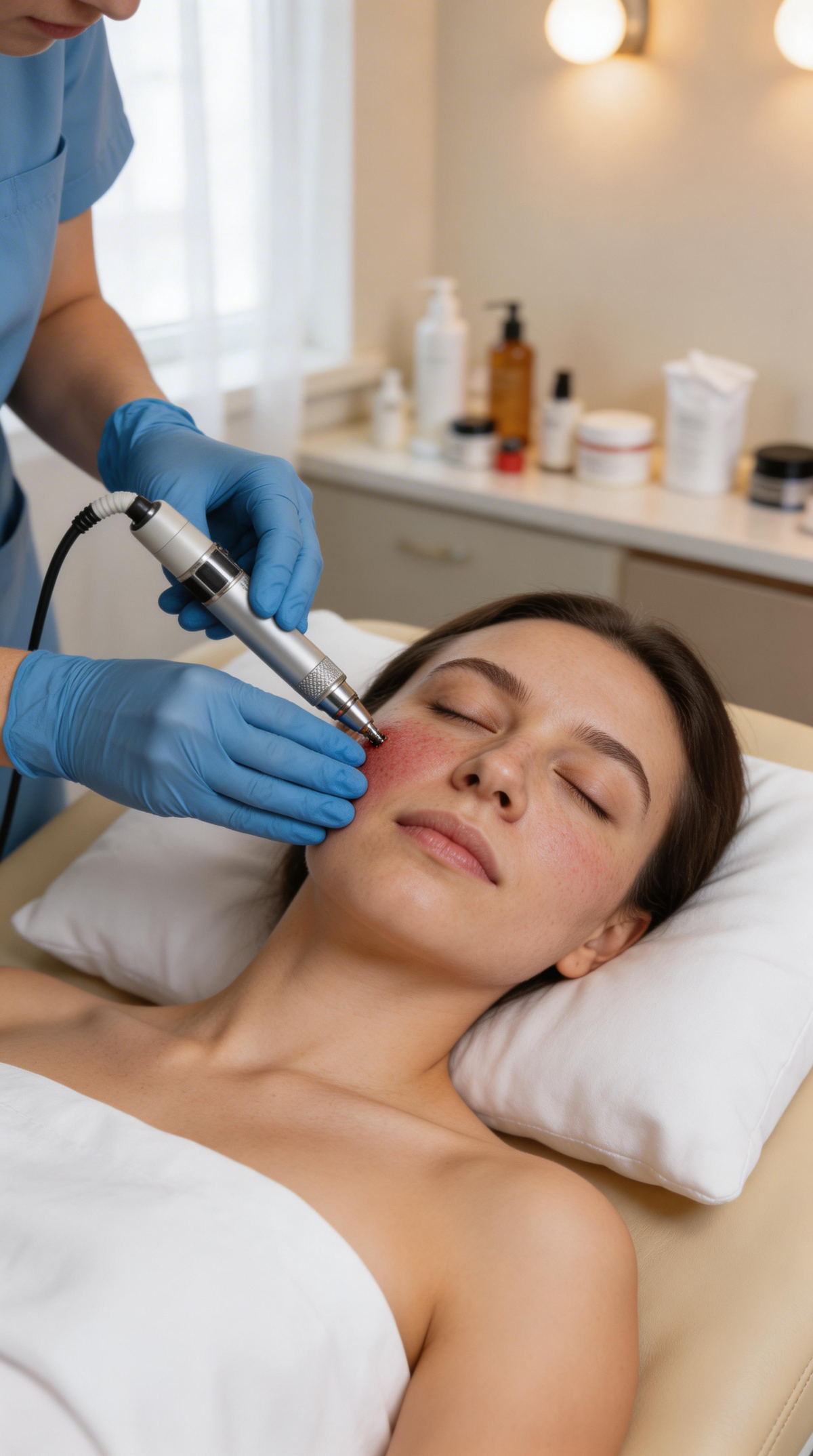 Frau bei einer Microneedling Anwendung im Gesicht im Studio Claudia Bicchieri in Dortmund
