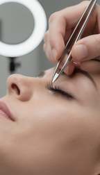 Nahaufnahme einer Wimpernmodellage mit Pinzette im Studio Claudia Bicchieri in Dortmund