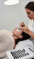 Frau bei einer Wimpernmodellage Behandlung im Studio Claudia Bicchieri in Dortmund