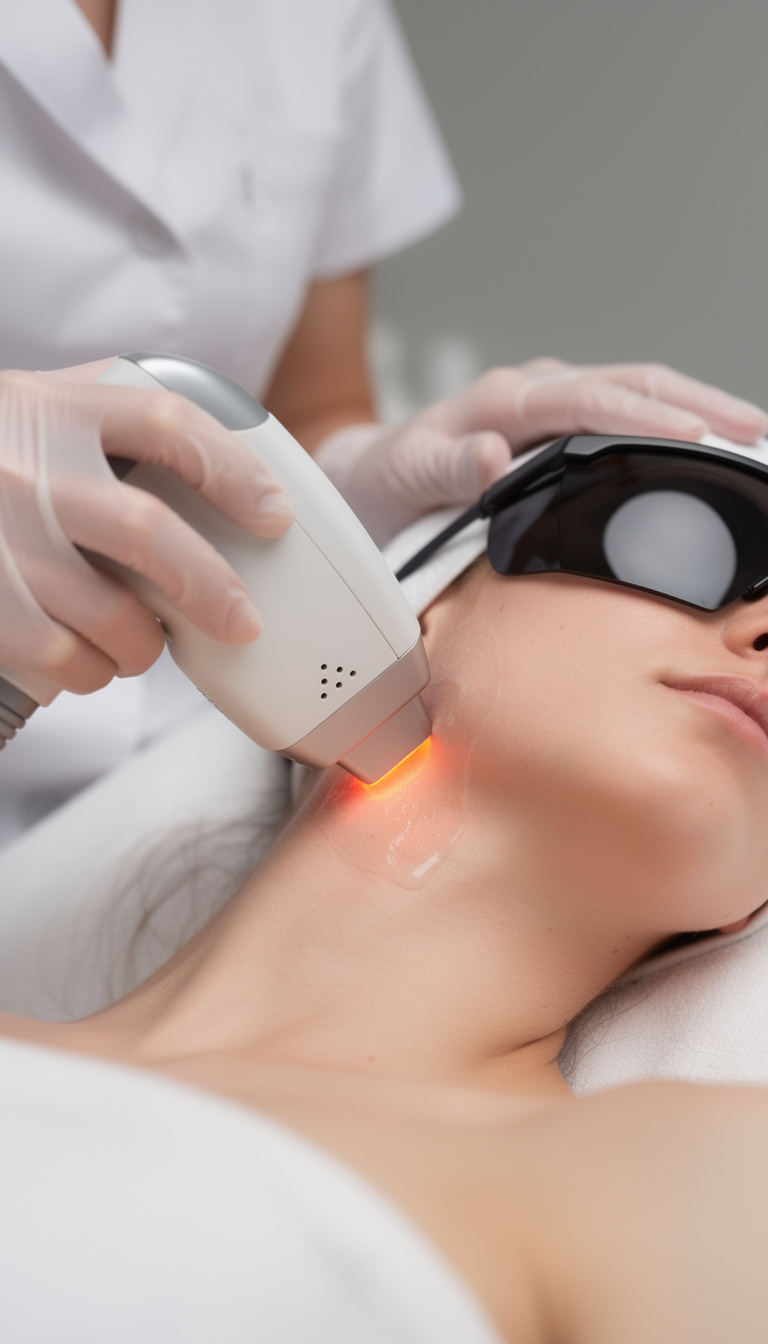 Frau erhält eine Diodenlaser Haarentfernung am Hals im Jade Institut Düsseldorf