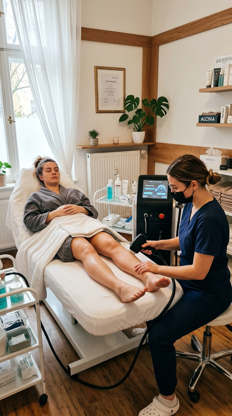 Diodenlaser-Behandlung an den Beinen bei Seidenhaut Konzept in Essen